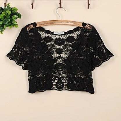 Free shipping for Women Short Sleeve Crochet Shrugs Hollow Out Flower Lace Open Front Cropped Cardigan Sunscreen Jacket Sport Running Vest