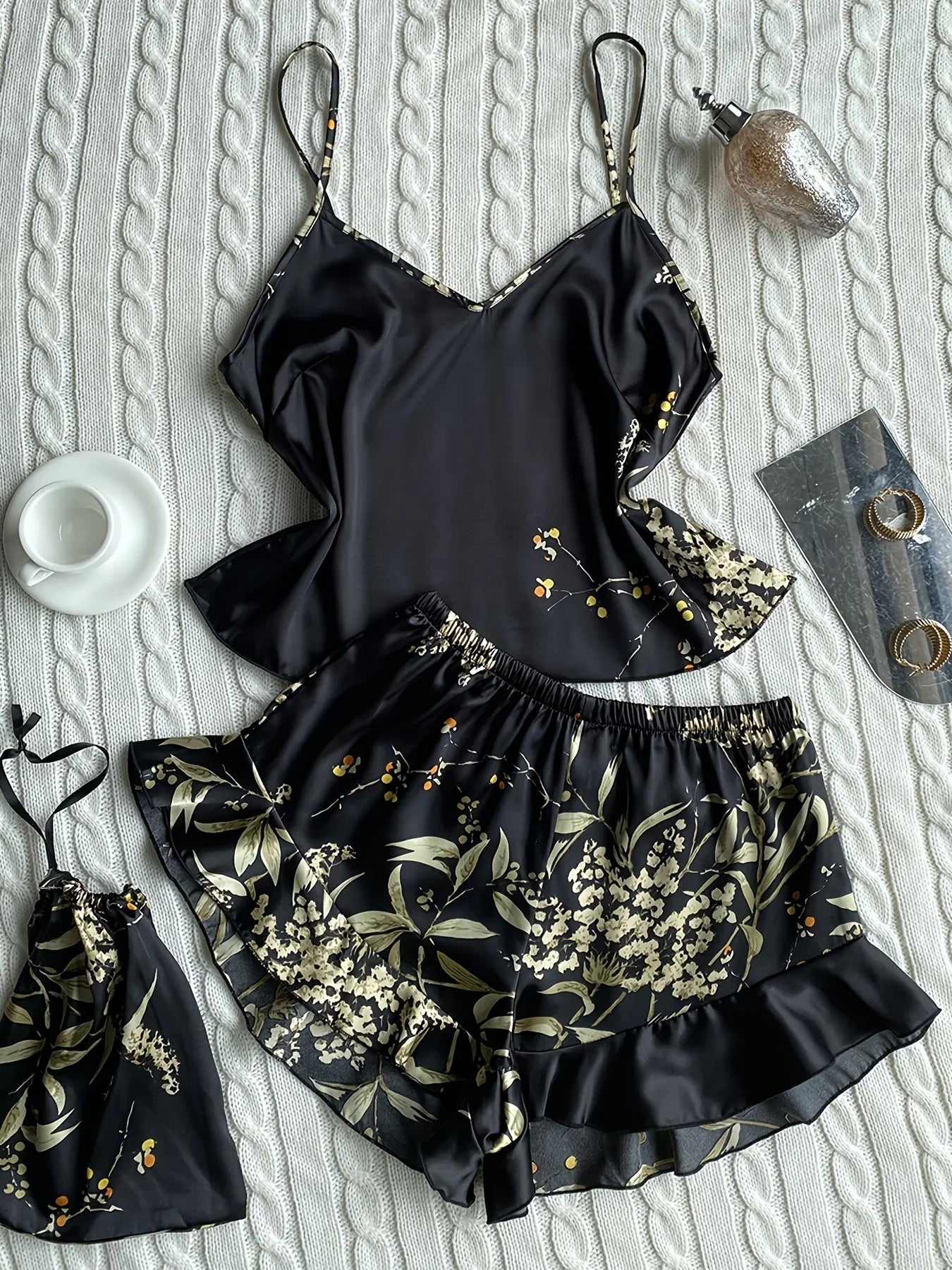 Free Shipping For Elegant Floral Print Pajama Set - Cami Top with Ruffle Hem Shorts (S-XL)