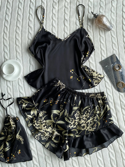 Free Shipping For Elegant Floral Print Pajama Set - Cami Top with Ruffle Hem Shorts (S-XL)