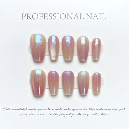 Free shipping for 10Pcs Shiny Handmade Press On Nails Short Ballerina Artificial Full Cover Cat Eye Rose Design Fake Nails Wearable Manicure Nails