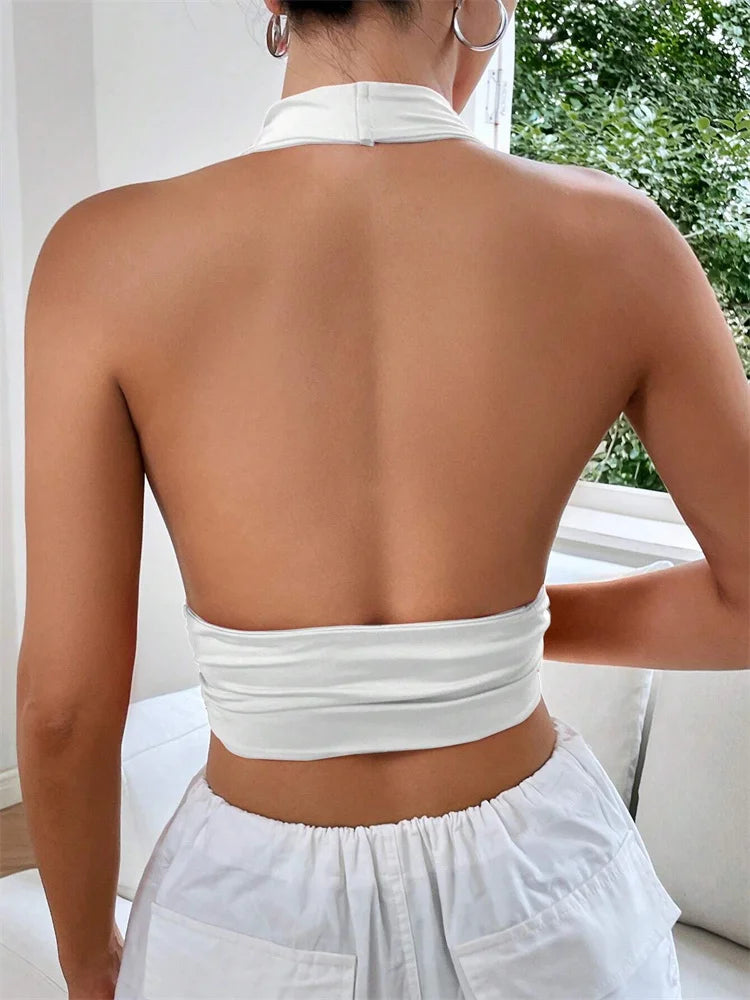 Free shipping for Sleeveless Backless Deep V-neck Halter Top Women Summer 2024 Club Party Sexy Solid Color Crop Tops Streetwear Y2K Clothes