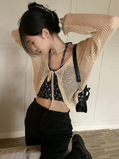 Free shipping for Cardigans Women Sunscreen Thin Summer Knitwear Hollow Out Cropped Casual See-through Streetwear Ins Chic Fashion Loose College