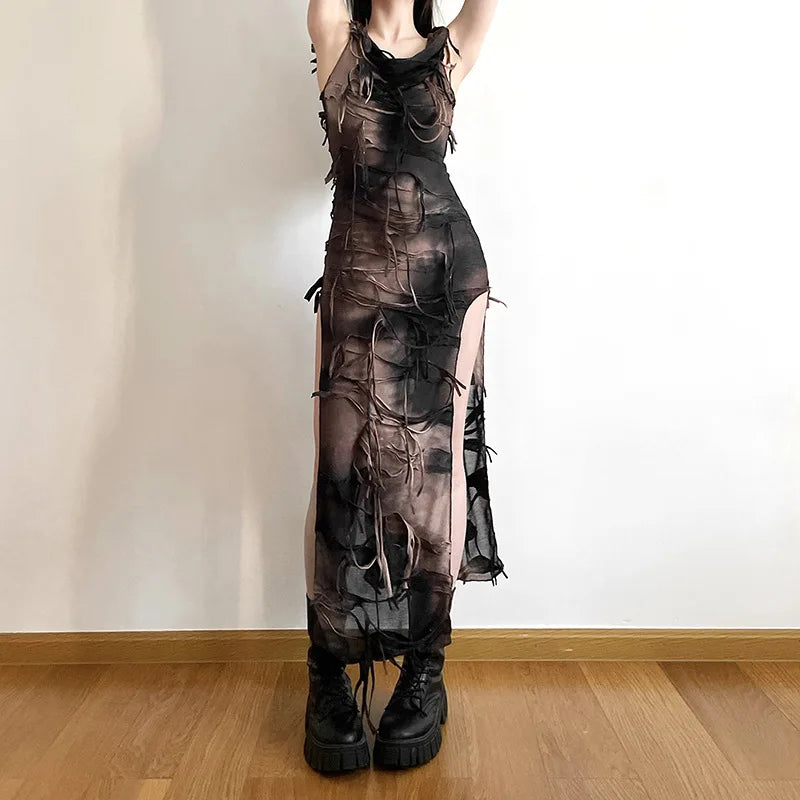 Free shipping for Tie Dye Print Side Split Dress Hooded 90s Vintage Mall Goth Sleeveless Slim Fit Bodycon Women Maxi Long Dress Halloween Costume