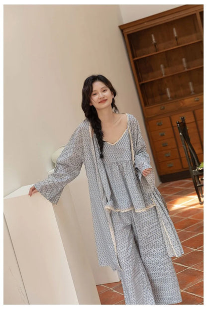 Spring-Summer 3-Piece Pajama Set - Geometric Print Robe, Top & Pants (S-XXL)