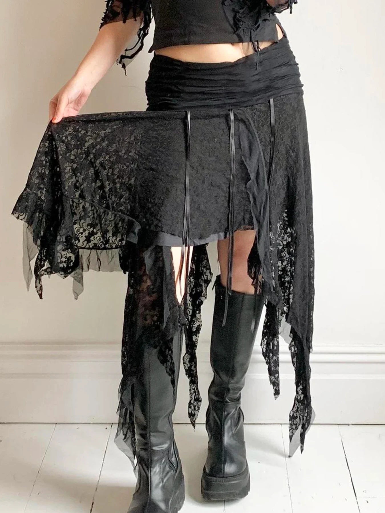 Free shipping for Black Solid Goth Lace Midi Skirts Womens Asymmetrical Hem Chic Fashion Vacation Boho Outfits