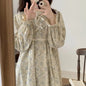 Free shipping for Vintage Nightgown Floral Print Sleepwear Womens Korean Ruffles Night Dress One Piece Pajamas Spring Knee Length Bow Home Wear