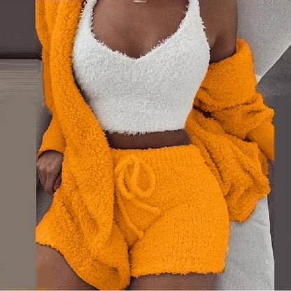 Free Shipping For Fluffy Pajamas Set - Casual Sleepwear Tank Top and Shorts Plus Size Hoodie Leisure Homewear Winter 3-Piece Pajamas (S-2XL)