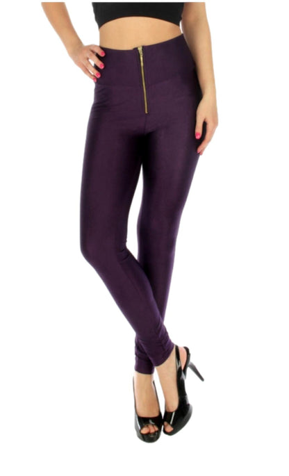 Free Shipping For  Women's Purple Royal High-waist Zipper Front Shiny Stretch Leggings