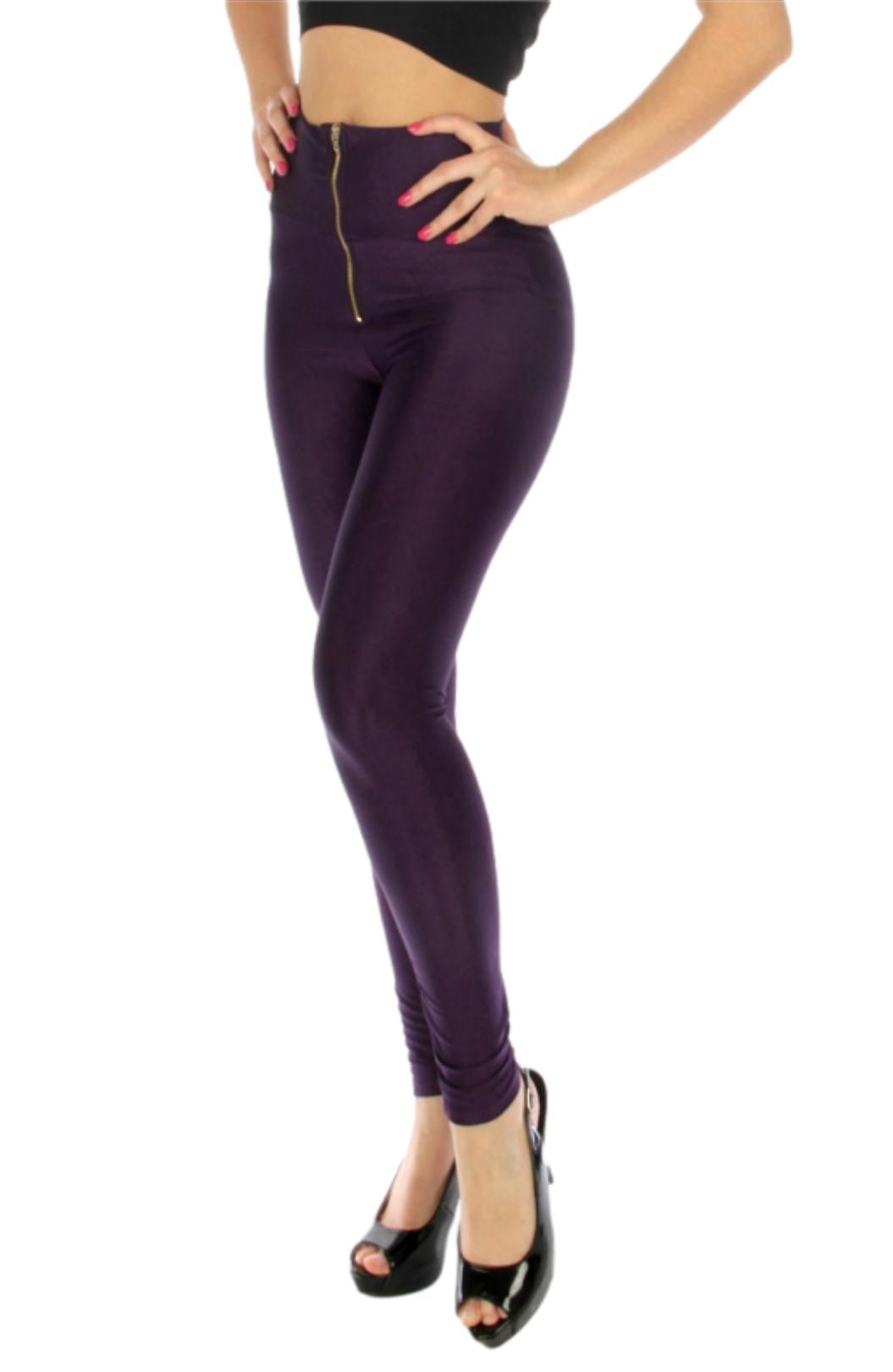 Free Shipping For  Women's Purple Royal High-waist Zipper Front Shiny Stretch Leggings