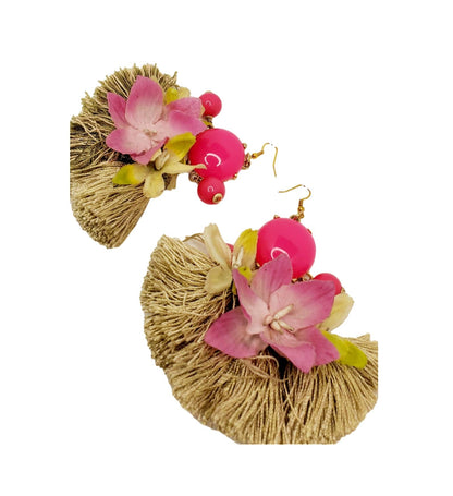 Free Shipping For  Pink Handcrafted Floral/ Tassel Oversized Earrings