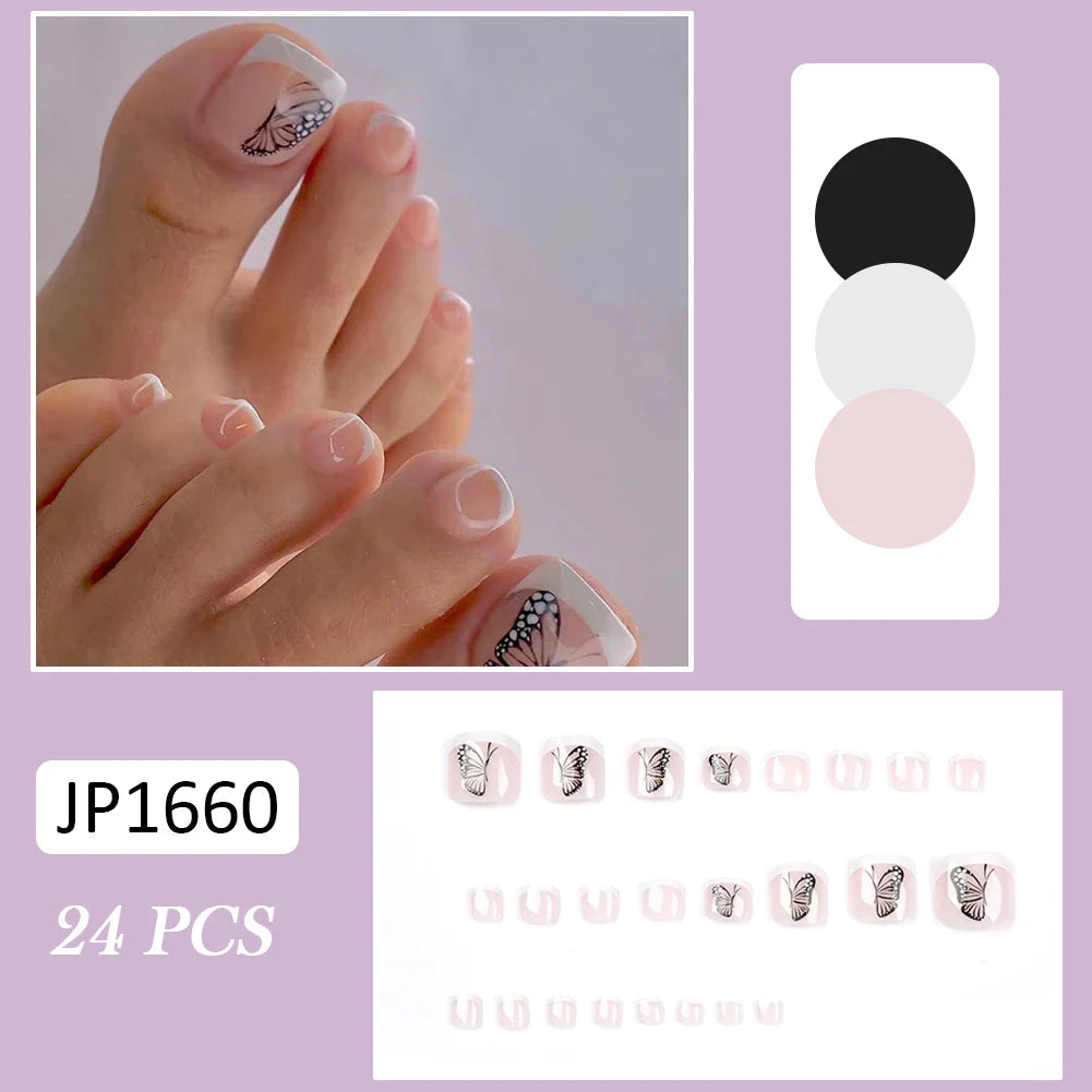 Summer French Toe Nails Set Press On Short Square Acrylic Nail Kits Wearable False Nails Nude Color Fashion Fake Feet Nail Tips