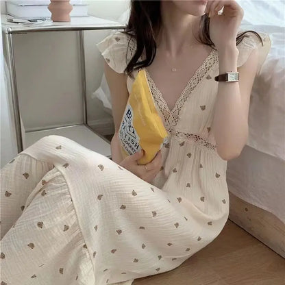 Free shipping for Cute Pajamas Summer Bear New Slip Dress Pajamas Women's Home Clothes Pyjamas Bathrobe Cotton Nightie The Nightgown Sexy Sleeping