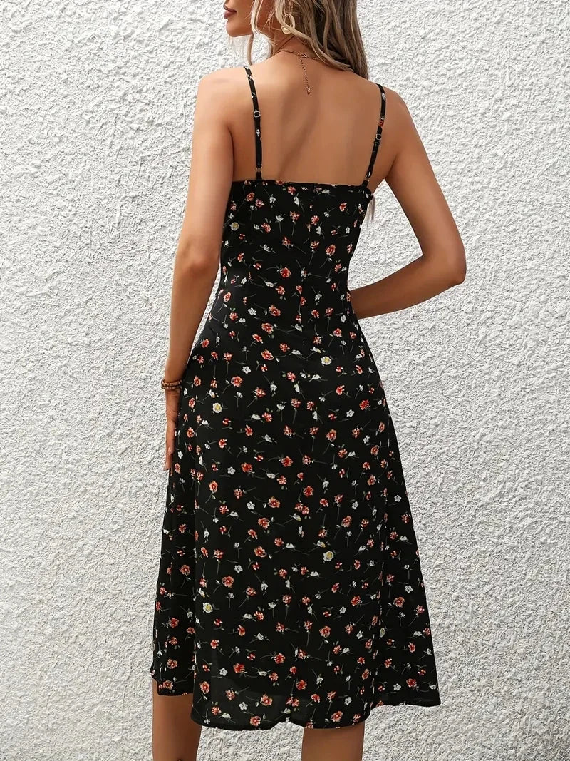 Floral Print Boho Beach Dress – Spaghetti Straps, Square Neck, Backless, Mid-Calf