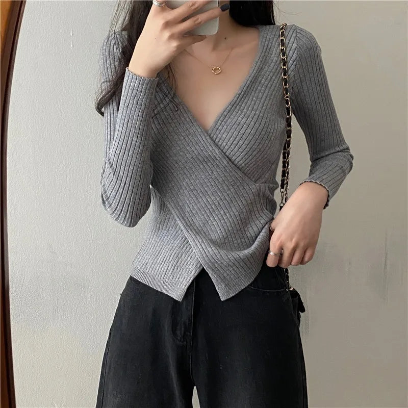 Free shipping for Autumn Winter Knitwear Tops Fashion Female Long Sleeve Skinny Elastic Casual V-neck Knitted Shirts Women Pullover Sweaters