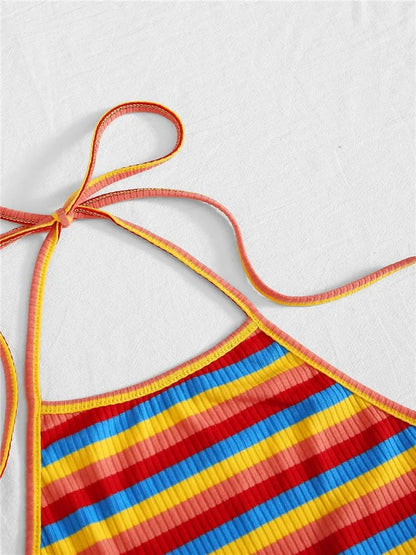 Free Shipping for Rainbow Rib-knit Striped Halter Top Women Summer Clothes Sexy Korean Fashion Backless Sleeveless Crop Top Streetwear