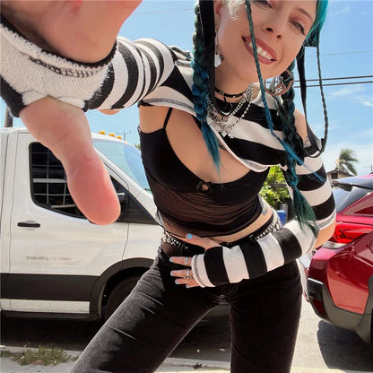 Free shipping for Punk Gothic T-Shirts Crop Top Women Hollow Out Cut-out Shoulder Long Sleeve T-shirt 2000s Aesthetic Streetwear y2k