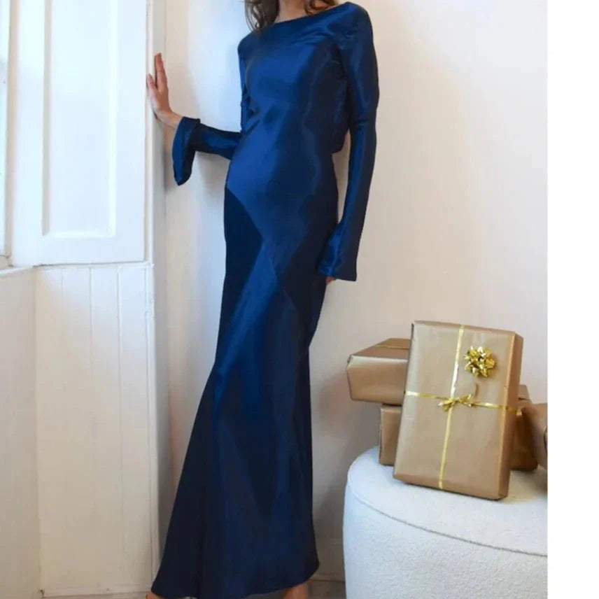 Free shipping for Articat Elegant Christmas Evening Dress Women Long Sleeve Dress Bodycon Max Female Vestidos High Grade Satin Party Club Clothing