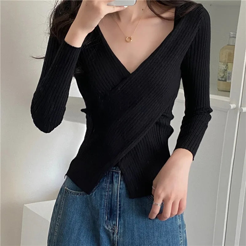 Free shipping for Autumn Winter Knitwear Tops Fashion Female Long Sleeve Skinny Elastic Casual V-neck Knitted Shirts Women Pullover Sweaters