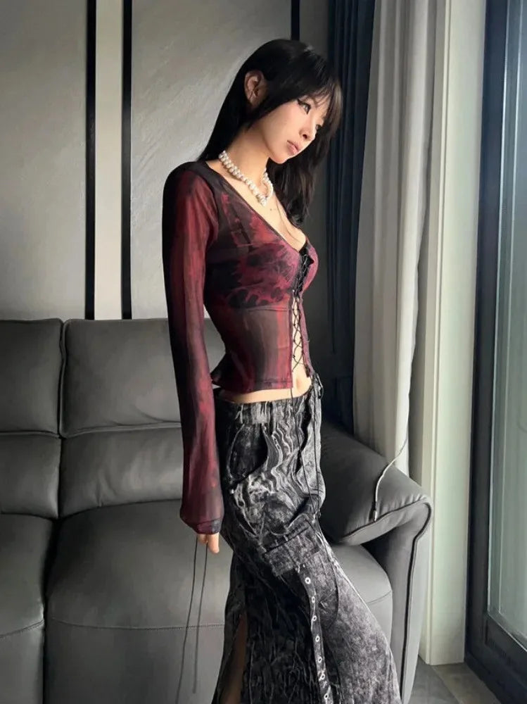 Free shipping for Coquette Sexy Tie Dye Mesh Tops Women Bandage Crop T Shirts Harajuku Gothic Grunge Aesthetic V Neck Long Sleeve Tees