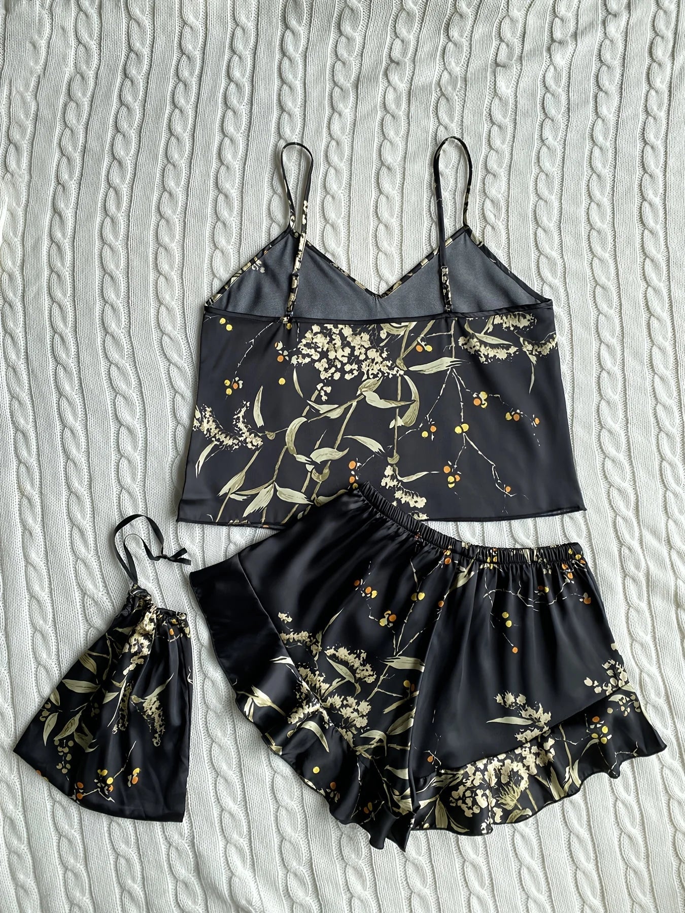 Free Shipping For Elegant Floral Print Pajama Set - Cami Top with Ruffle Hem Shorts (S-XL)