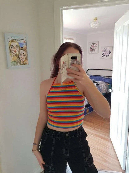 Free Shipping for Rainbow Rib-knit Striped Halter Top Women Summer Clothes Sexy Korean Fashion Backless Sleeveless Crop Top Streetwear