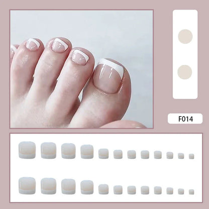 Summer French Toe Nails Set Press On Short Square Acrylic Nail Kits Wearable False Nails Nude Color Fashion Fake Feet Nail Tips