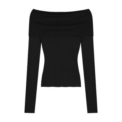 Free shipping for Black Solid Off Shoulder Elegant Long Sleeve Tops Korean Fashion Slim Sexy Cropped T Shirt Women Autumn Y2k Clothing Skinny Top