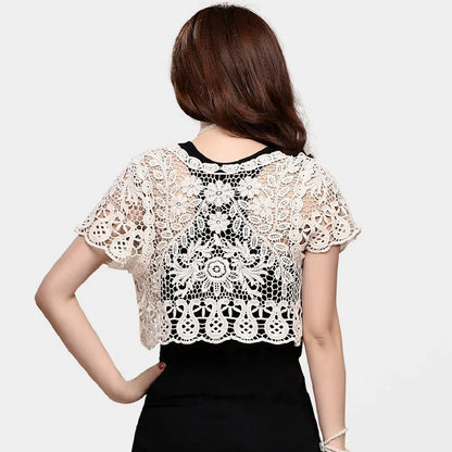 Free shipping for Women Short Sleeve Crochet Shrugs Hollow Out Flower Lace Open Front Cropped Cardigan Sunscreen Jacket Sport Running Vest