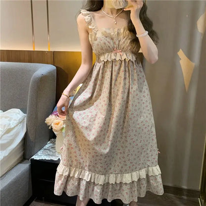 Free shipping for Korean Kawaii Princess Nightdress Women Summer Sleeveless Ruffles Printed Princess Nightgowns Sweet Girl Pajama Sleepwear Homewear Underwear