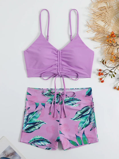 Free Shipping For Tropical Print Drawstring Bikini - High Waist Swimsuit with Tie Front Shorts (S-XL)