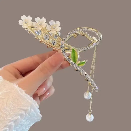 Free shipping for Rhinestone Tassel Hair Claw Golden Bow Flower Hair Clip Hairpin For Women Elegant Ponytail Fashion Hair Accessories