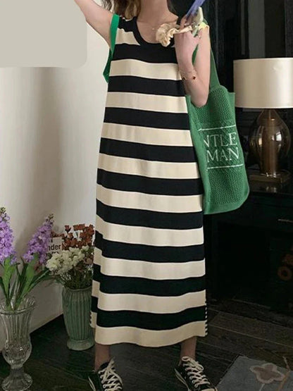 Free shipping for Summer New French Stripe Women's Dress Casual Loose Fashion Sleeveless Dress Woman Sweet Ladies Street Chic Dress Female