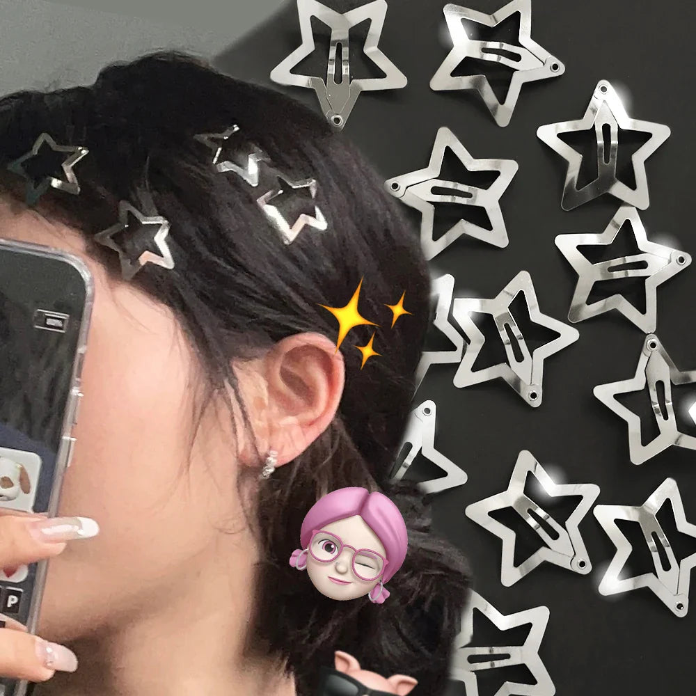 Free shipping for 10Pcs BB Hair Clips Silver Star Y2K  Women Grils Cute Metal Star Hair Clips Side Barrettes Hair Grip Hair Accessories Headwear