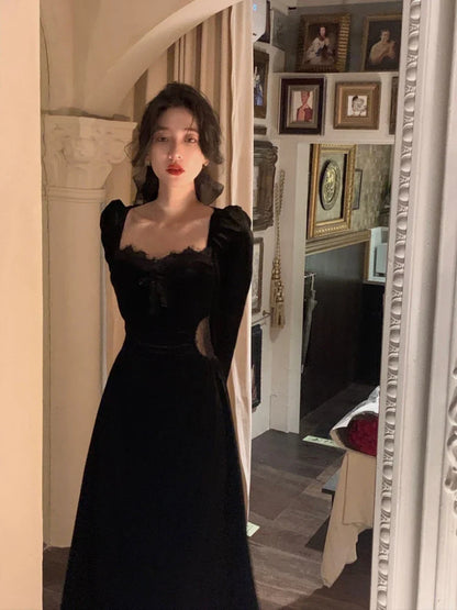 Free shipping for Autumn Black Velvet Midi Dress Casual Korean Fashion Elegant Party Dress Woman Long Sleeve Vintage Lace Dress Slim Design