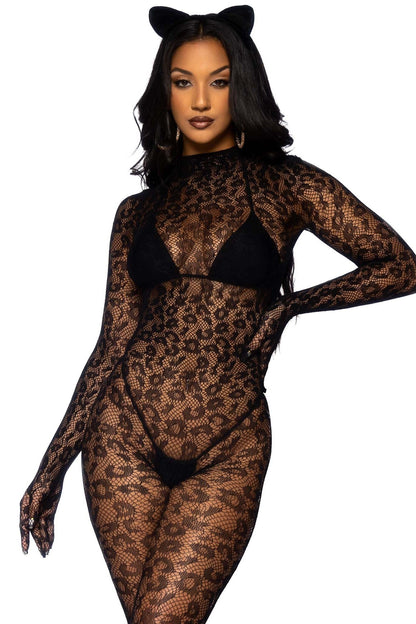 Free Shipping For Seamless Leopard Net Gloved Catsuit