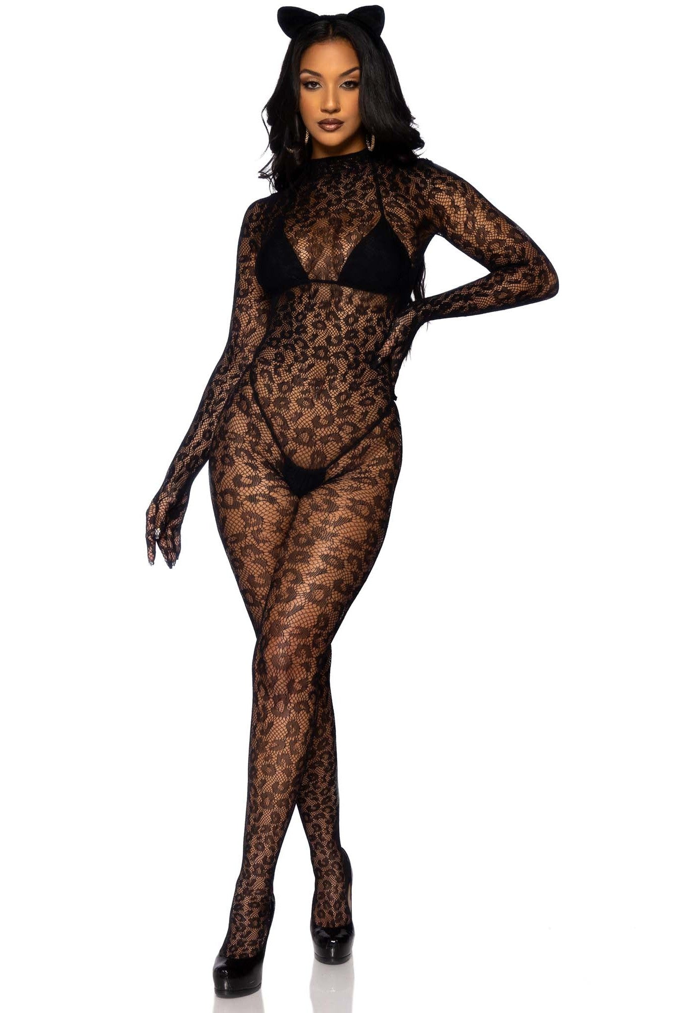 Free Shipping For Seamless Leopard Net Gloved Catsuit