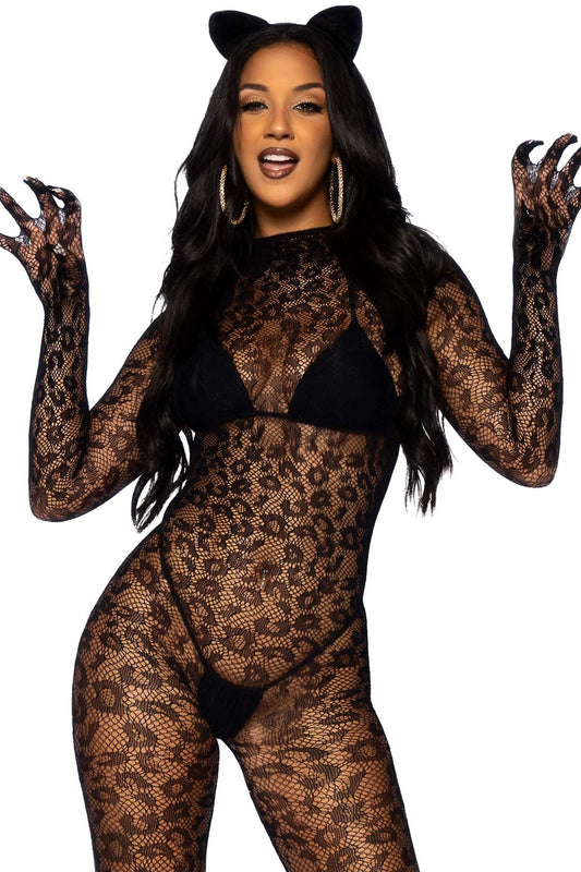 Free Shipping For Seamless Leopard Net Gloved Catsuit