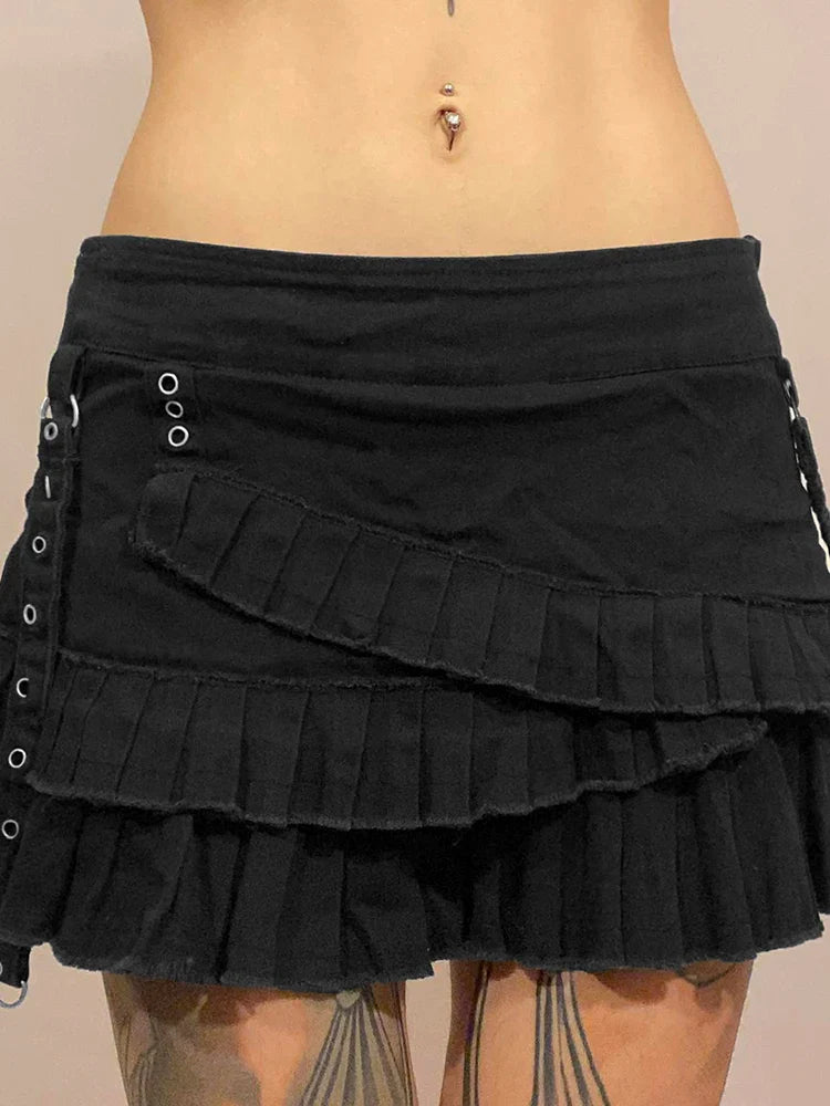 Free Shipping For Punk Gothic Black Eyelet Ribbon Denim Skirt Women Low Waist Asymmetrical Tiered Pleated Short Jean Skirts