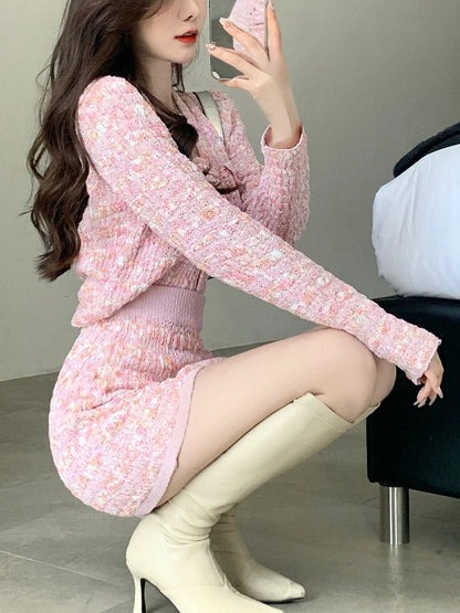 Free shipping for Two Piece Dress Set Sweet Cardigan Sweater + Slim Skirt Pink Elegant  Mini Dress Autumn Office Lady Casual Knitted Suits