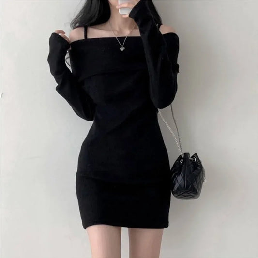 Free shipping for Off Shoulder Suspender Lapel Knit Dress Women Korean Sexy Slim Bottomed Mini Dresses Autumn Winter Solid Suspender Sweater Dress