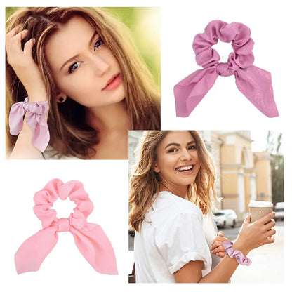 Free shipping for New Chiffon Bowknot Elastic Hair Bands For Women Girls Solid Color Scrunchies Headband Hair Ties Ponytail Holder Hair Accessorie