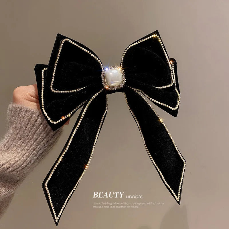 Free shipping for Velvet Inlaid Rhinestone Pearl Bow Hair Clip for Women Korean Fashion Exaggerated Hair Claws Exaggerated Hair Accessories