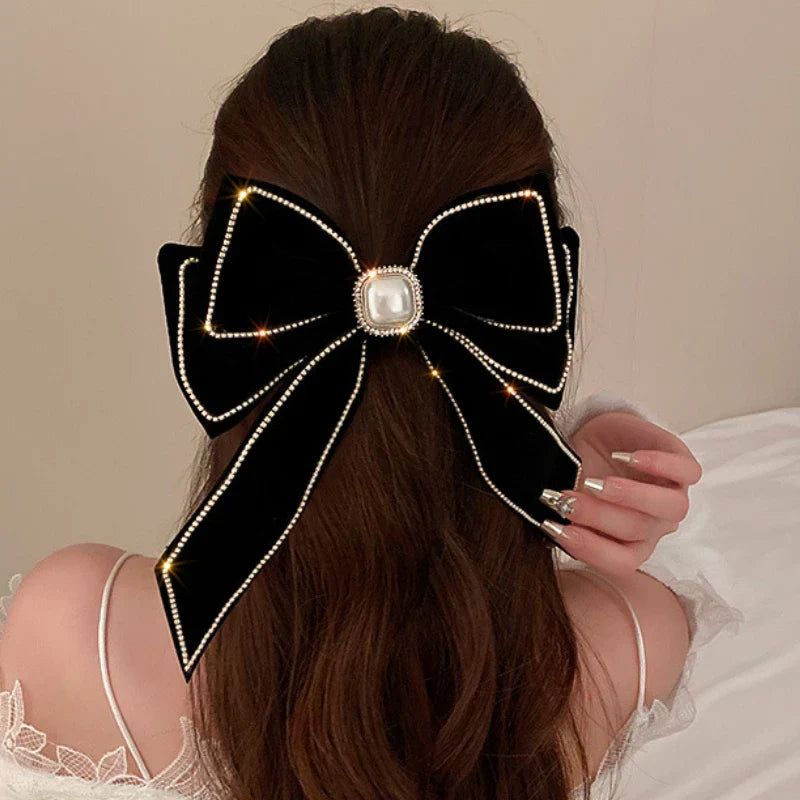 Free shipping for Velvet Inlaid Rhinestone Pearl Bow Hair Clip for Women Korean Fashion Exaggerated Hair Claws Exaggerated Hair Accessories