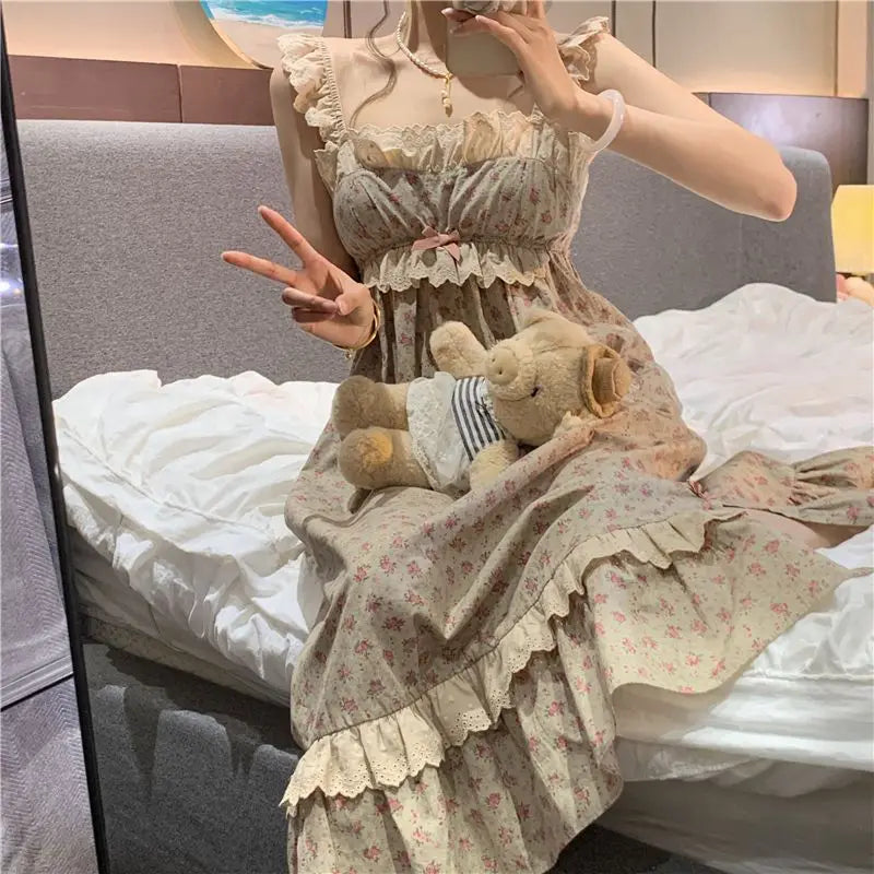 Free shipping for Korean Kawaii Princess Nightdress Women Summer Sleeveless Ruffles Printed Princess Nightgowns Sweet Girl Pajama Sleepwear Homewear Underwear