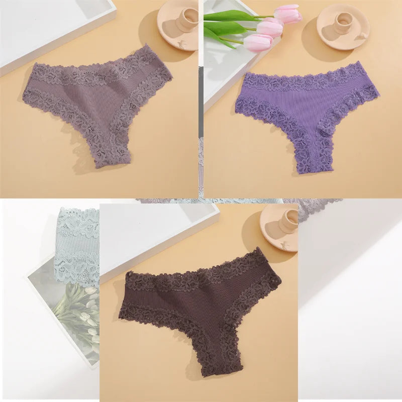 Free Shipping For Lace Brazilian Trio - 3Pcs Low Waist Cotton Panties Set (S-XL)