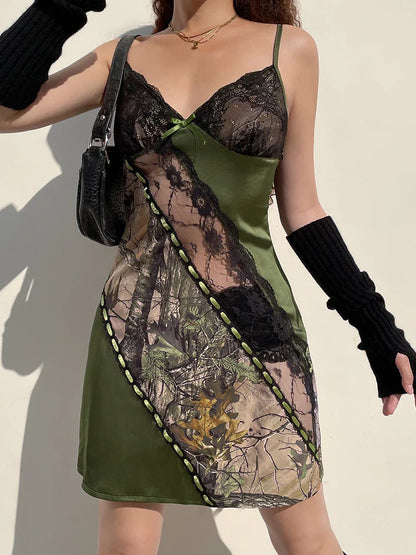 Free shipping for Forest Green Fairycore Plant Print Patchwork Lace Trim Slip Short Dress Women Summer Vacation Clothing