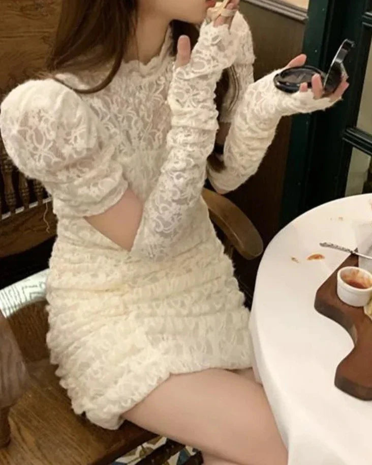 Free shipping for Autumn Lace Elegant Y2k Mini Dress Women Casual Party Sexy Bodycon Dress Female Puffer Sleeve One Piece Dress Korea Fashion