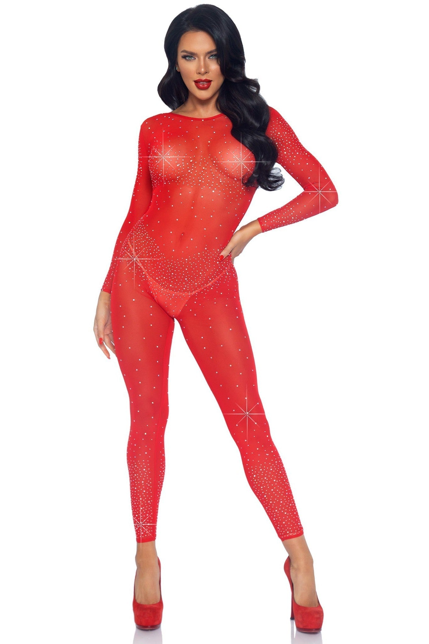 Free Shipping For Sheer Rhinestone Catsuit