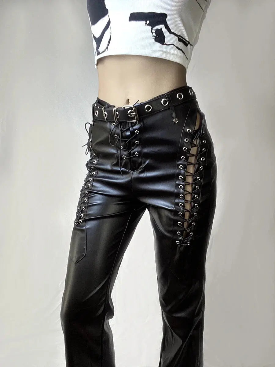 Free Shipping For 'Snake Dance' Lace Up Pu Leather Pants