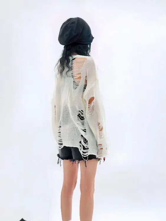 Free Shipping For 'Snow City' White Wasteland Punk Ripped Oversized Sweater